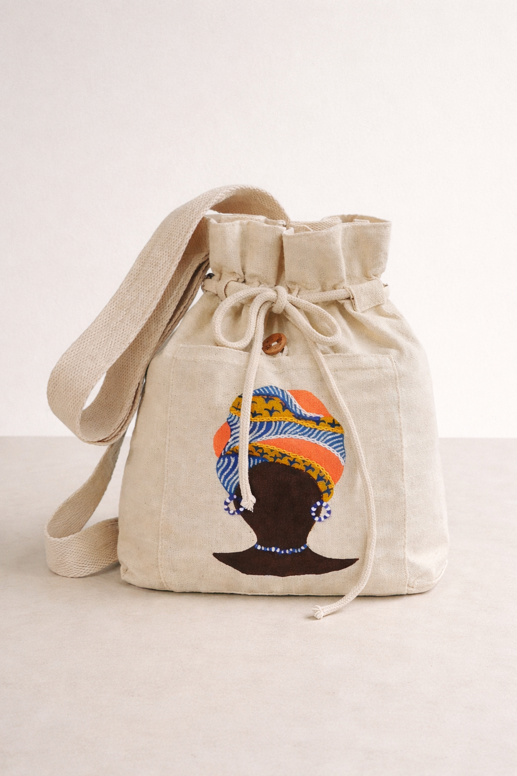 Hand-painted African woman on canvas bag